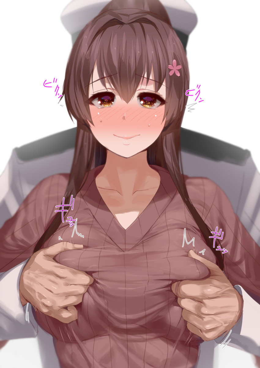 1girl admiral_(kantai_collection) blush breast_grab breasts brown_eyes brown_hair closed_mouth collarbone deep_skin embarrassed epaulettes flower grabbing grabbing_from_behind hair_flower hair_intakes hair_ornament hat hetero highres jacket kantai_collection kusaka_souji large_breasts long_hair long_sleeves looking_at_viewer military military_uniform naval_uniform nose_blush peaked_cap ponytail purple_sweater ribbed_sweater sidelocks simple_background smile solo_focus sweater uniform upper_body white_background white_hat white_jacket yamato_(kantai_collection)