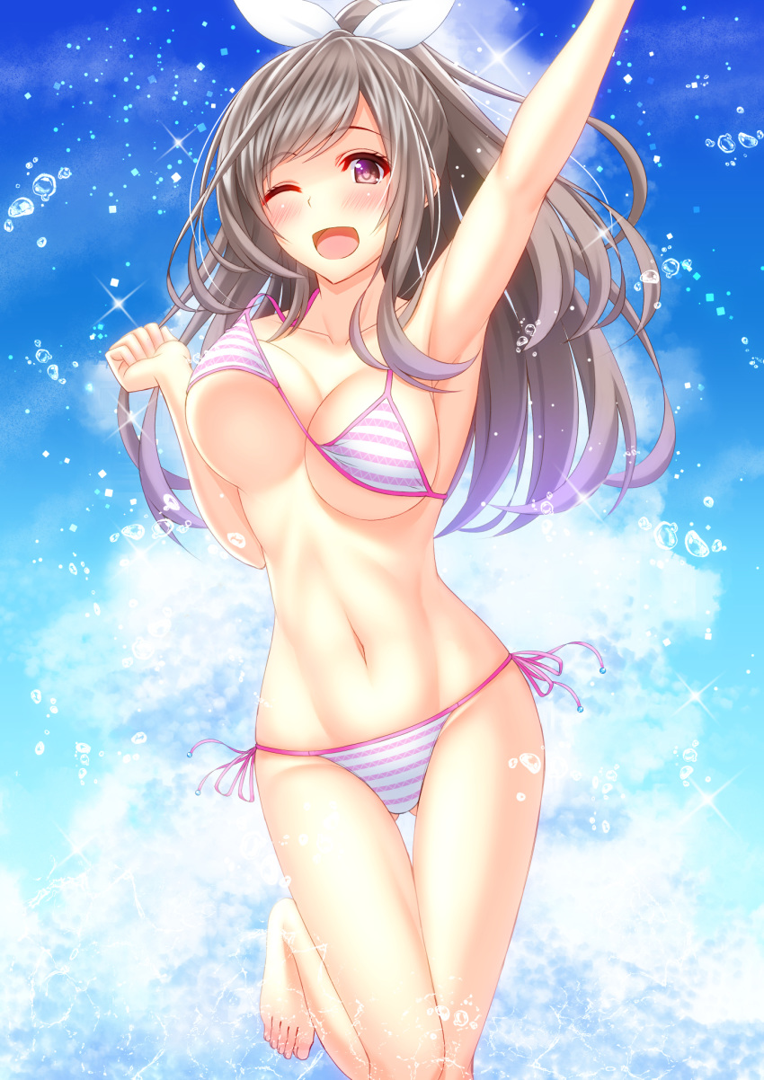 ;d arm_up armpits ass_visible_through_thighs bangs barefoot bikini blue_sky blush bouncing_breasts bow breasts brown_hair collarbone commentary_request day eyebrows_visible_through_hair groin hair_bow highres hips idolmaster idolmaster_shiny_colors large_breasts long_hair looking_at_viewer navel one_eye_closed open_mouth outdoors pink_bikini ponytail purple_eyes shirouzu_myuuta side-tie_bikini sky smile solo sparkle splashing striped striped_bikini swept_bangs swimsuit thigh_gap thighs tsukioka_kogane unaligned_breasts underboob water water_drop white_bow