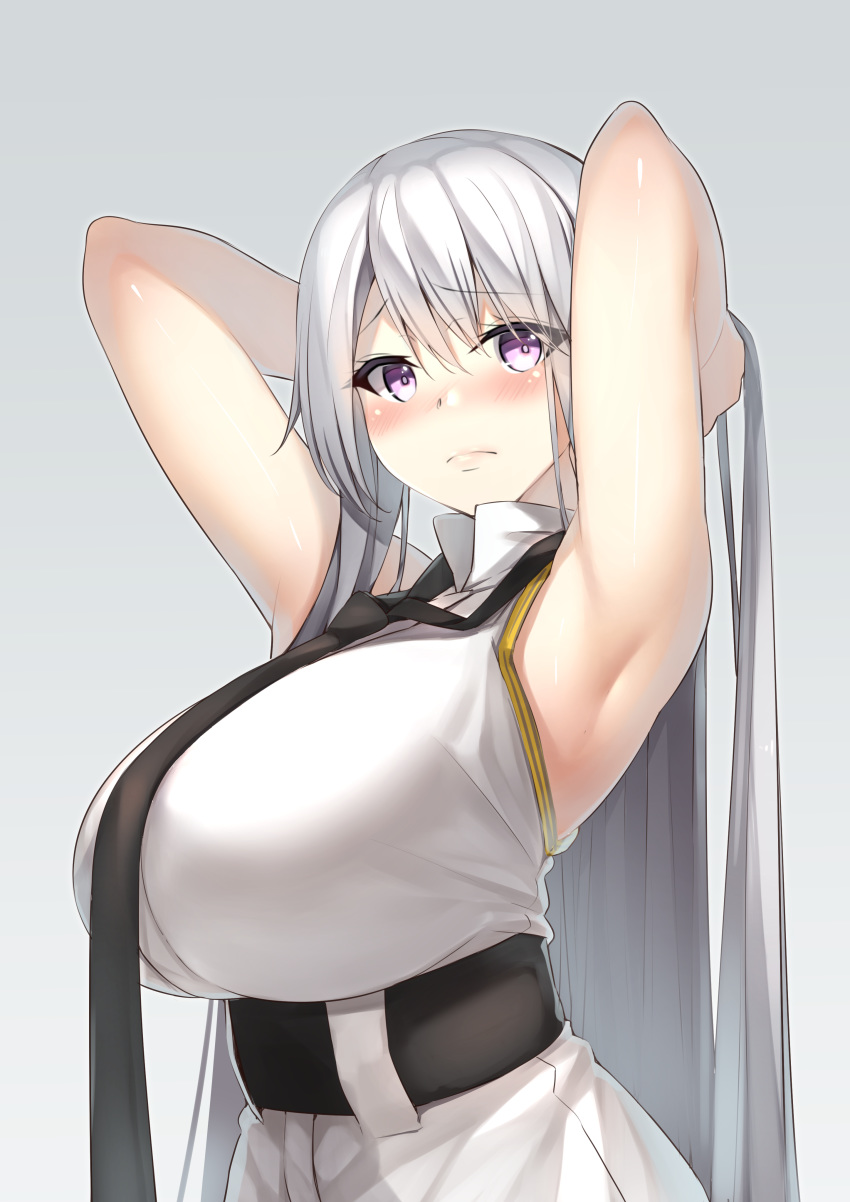 1girl absurdly_long_hair absurdres armpits arms_behind_head azur_lane bare_arms bare_shoulders belt black_belt black_neckwear blush breasts collared_shirt commentary_request enterprise_(azur_lane) eyebrows_visible_through_hair from_side grey_background hair_lift hat highres huge_breasts lips long_hair looking_at_viewer necktie pink_lips purple_eyes shirt silver_hair sleeveless sleeveless_shirt solo underbust upper_body very_long_hair white_hat yamanokami_eaka