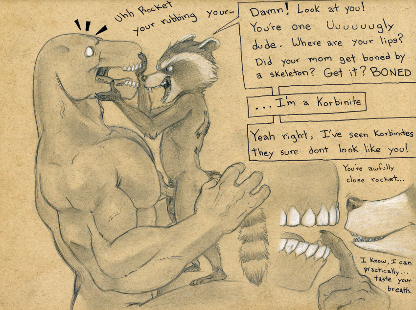 alien anthro balls beta_ray_bill dialogue duo erection finger_in_mouth frottage fur guardians_of_the_galaxy humanoid male male/male mammal marvel muscular open_mouth penis procyonid raccoon rocket_raccoon saliva saliva_string sex sitting size_difference standing tush