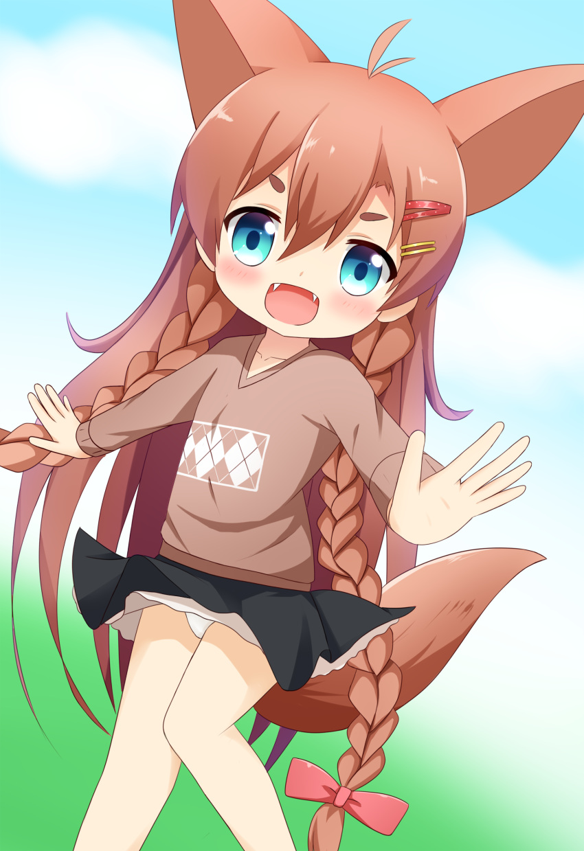 :d absurdres animal_ears bangs black_skirt blue_background blue_eyes blush borrowed_character bow braid brown_hair brown_shirt collarbone commentary_request fangs gradient gradient_background green_background hair_between_eyes hair_bow hair_ornament hairclip highres long_hair long_sleeves looking_at_viewer momiji_(makuran) open_mouth original panties pink_bow shin01571 shirt skirt skirt_lift smile solo tail thick_eyebrows twin_braids underwear v-shaped_eyebrows very_long_hair white_background white_panties wind wind_lift