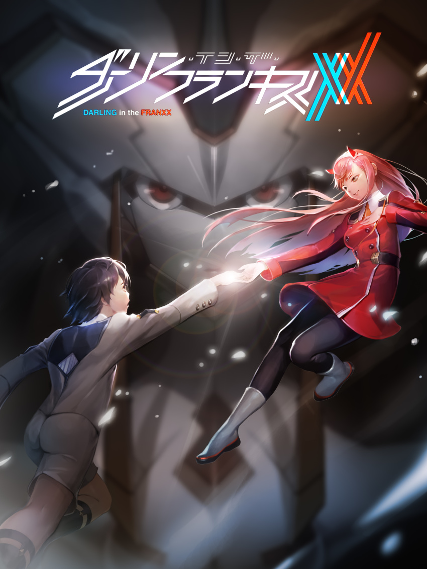 1girl absurdres bangs black_hair black_legwear boots commentary_request couple darling_in_the_franxx floating floating_hair hair_ornament hairband hetero highres hiro_(darling_in_the_franxx) holding_hands horns korean_commentary long_hair long_sleeves looking_at_another mecha military military_uniform necktie oni_horns orange_neckwear pantyhose pink_hair red_horns socks strelizia tlstjseh100 uniform white_footwear white_hairband zero_two_(darling_in_the_franxx)