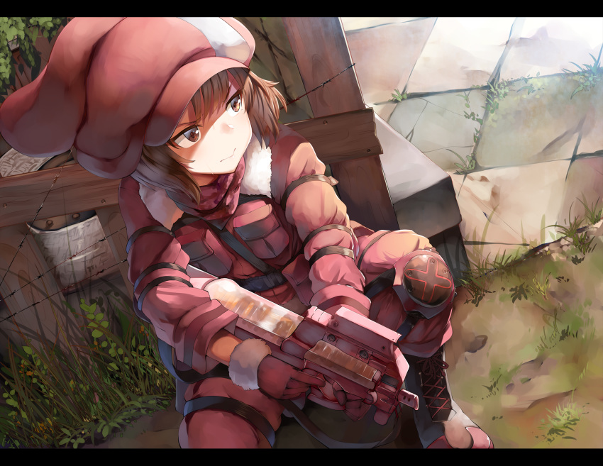 boots brown_eyes brown_hair gloves gun gun_gale_online hat kohiruimaki_karen llenn_(sao) loli lolicept military short_hair sword_art_online sword_art_online_alternative:_gun_gale_online weapon