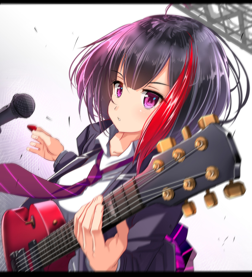 bang_dream! bangs black_hair blurry collared_shirt commentary_request depth_of_field electric_guitar guitar highres holding holding_instrument instrument jacket letterboxed mad_(hazukiken) microphone mitake_ran multicolored_hair necktie plectrum purple_eyes purple_neckwear red_hair scaffolding shirt short_hair solo streaked_hair striped striped_neckwear white_shirt