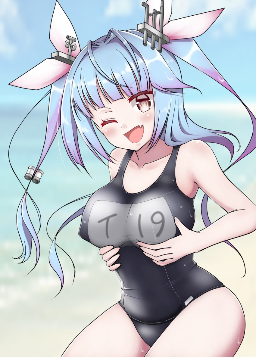 blue_hair breasts brown_eyes collarbone covered_nipples fang hair_ribbon highres i-19_(kantai_collection) kantai_collection kirigakure_(kirigakure_tantei_jimusho) large_breasts long_hair multicolored_hair name_tag one-piece_swimsuit one_eye_closed open_mouth purple_hair ribbon school_swimsuit smile solo swimsuit tri_tails two-tone_hair