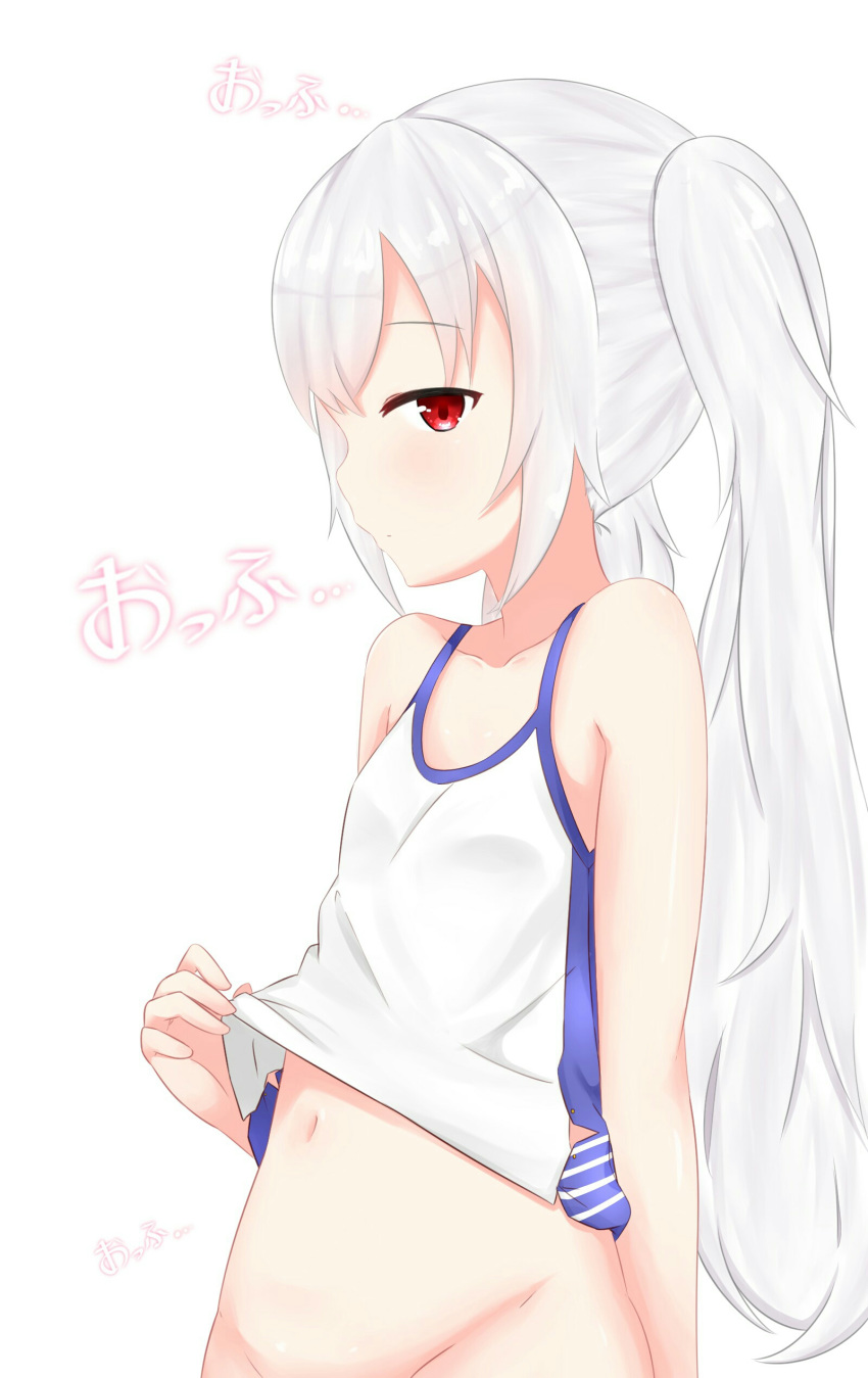 1girl absurdres azur_lane bangs bare_arms bare_shoulders blush breasts camisole camisole_lift closed_mouth collarbone commentary_request eyebrows_visible_through_hair groin hair_between_eyes highres laffey_(azur_lane) lifted_by_self long_hair looking_at_viewer looking_to_the_side navel out-of-frame_censoring profile red_eyes sidelocks silver_hair simple_background small_breasts solo stomach translation_request twintails very_long_hair white_background white_camisole yuujoduelist