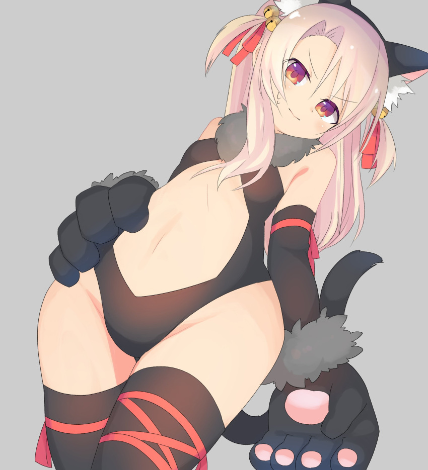 1girl animal_ears bell black_gloves black_legwear black_leotard brown_hair cat_ears cat_tail center_opening elbow_gloves fake_animal_ears fate/kaleid_liner_prisma_illya fate_(series) flat_chest gloves grey_background hair_ornament hairband hand_on_hip highres illyasviel_von_einzbern jingle_bell leotard long_hair navel paw_gloves paws red_eyes ribbon simple_background solo tail tail_ribbon thighhighs two_side_up