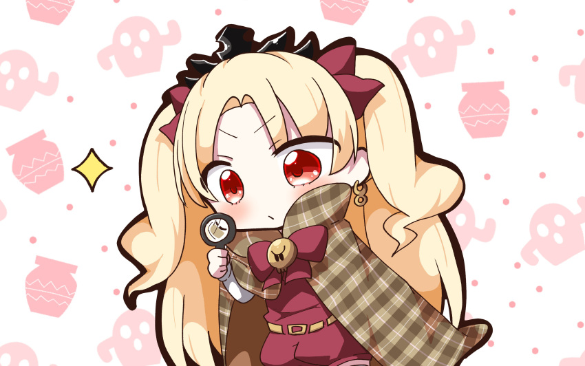 absurdres bangs blonde_hair blush bow cactus cape closed_mouth commentary_request earrings ereshkigal_(fate/grand_order) eyebrows_visible_through_hair fate/grand_order fate_(series) hair_bow highres holding infinity jako_(jakoo21) jewelry long_hair long_sleeves magnifying_glass parted_bangs plaid plaid_cape pot red_bow red_eyes short_jumpsuit solo sparkle tiara two_side_up very_long_hair white_background
