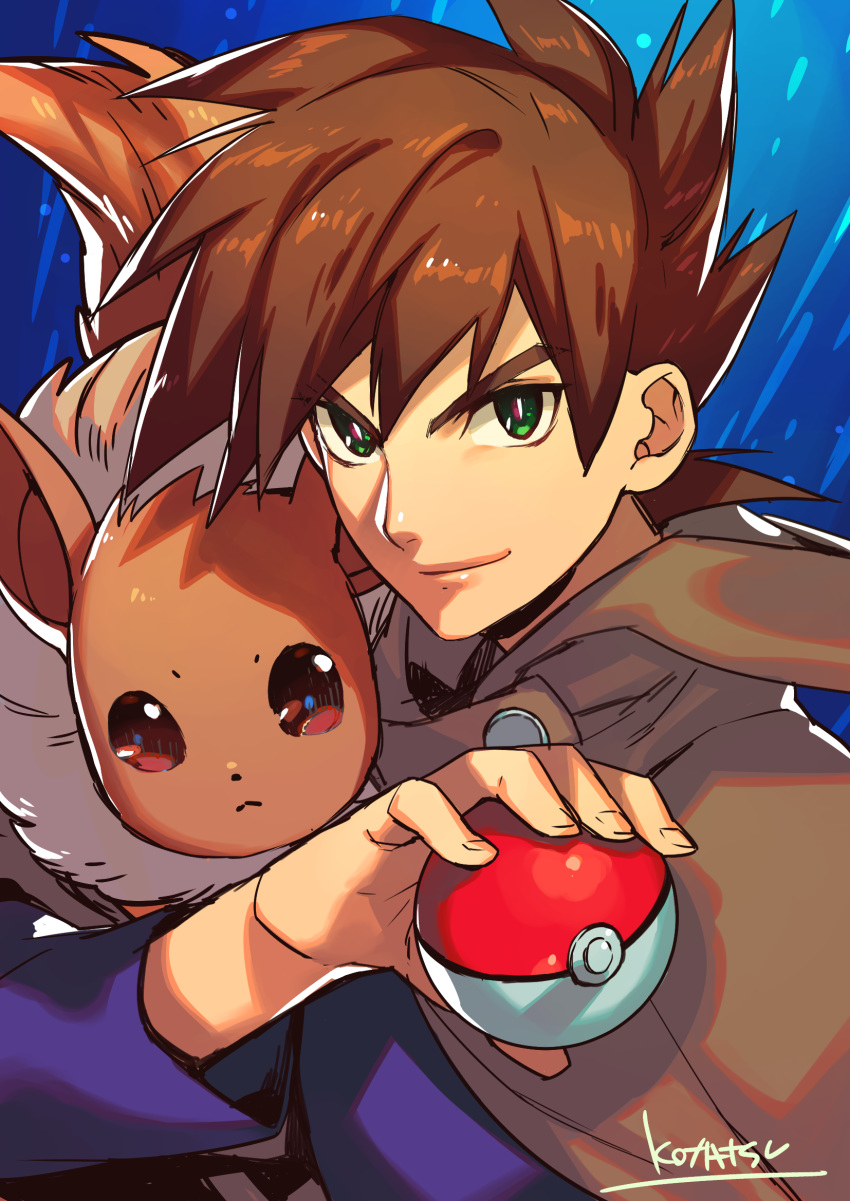 blue_background bright_pupils brown_cape brown_hair closed_mouth eevee green_eyes highres holding holding_poke_ball kotatsu_(g-rough) long_sleeves looking_at_viewer male_focus ookido_shigeru poke_ball poke_ball_(generic) pokemon pokemon_(anime) signature smile solo upper_body