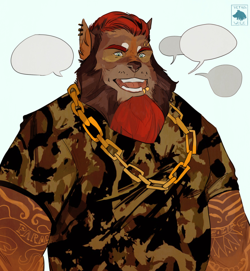 2018 anthro beard cameo canine clothing ear_piercing facial_hair facial_piercing hair jewelry lip_piercing male mammal multiple_piercings muscular muscular_male necklace open_mouth piercing red_hair shirt simple_background solo speech_bubble tattoo vetrowolf wolf