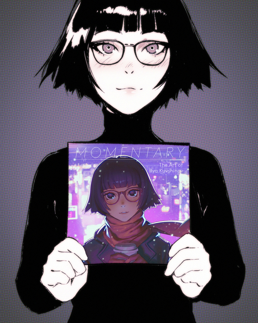 bangs black_hair blunt_bangs blush closed_mouth coffee_cup cup disposable_cup glasses gloves head_tilt highres holding holding_cup ilya_kuvshinov jacket leather leather_jacket looking_at_viewer original purple purple-framed_eyewear purple_background purple_eyes red_gloves red_scarf scarf short_hair smile solo sweater teeth turtleneck turtleneck_sweater upper_body