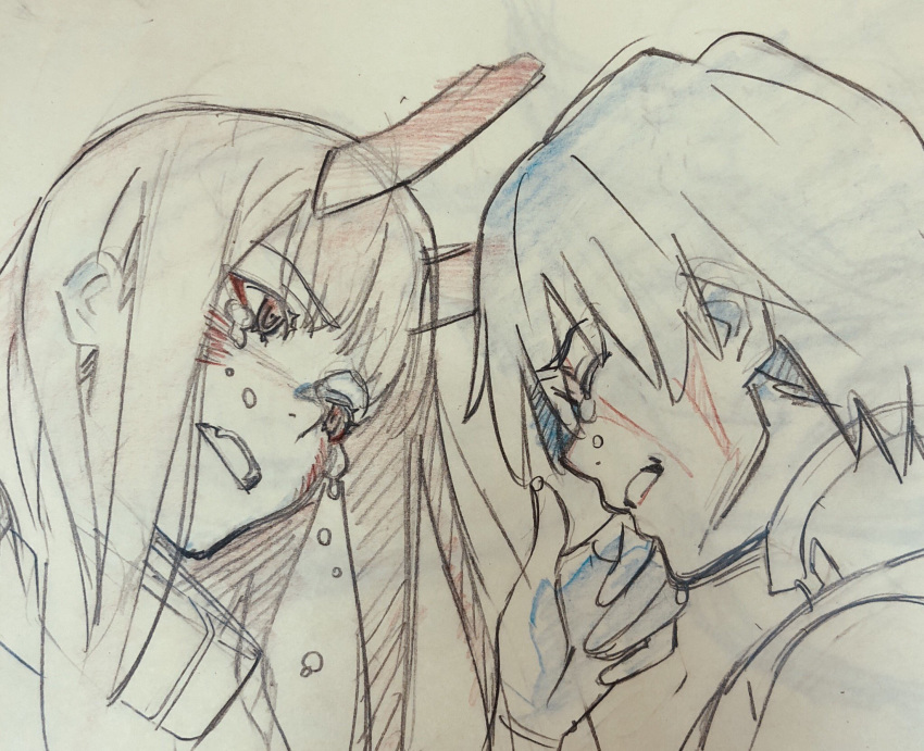 1boy 1girl asymmetrical_horns bodysuit couple crying crying_with_eyes_open darling_in_the_franxx eyes_closed fangs fringe gloves hand_on_another's_face hetero hiro_(darling_in_the_franxx) horns long_hair looking_at_another oni_horns pilot_suit ryota-h short_hair zero_two_(darling_in_the_franxx)