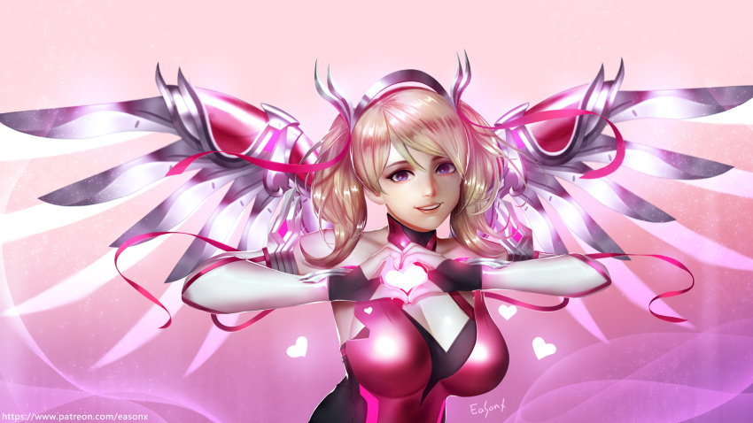 alternate_costume alternate_eye_color alternate_hairstyle arm_ribbon bare_shoulders blonde_hair breasts cleavage commentary_request criss-cross_halter dress easonx eyeliner gloves gradient gradient_background hair_ribbon halterneck heart heart_hands highres large_breasts lips looking_at_viewer makeup mechanical_halo mechanical_wings mercy_(overwatch) nose overwatch parted_lips pink_background pink_dress pink_gloves pink_mercy pink_ribbon purple_eyes ribbon signature smile solo spread_wings twintails upper_body watermark web_address wings