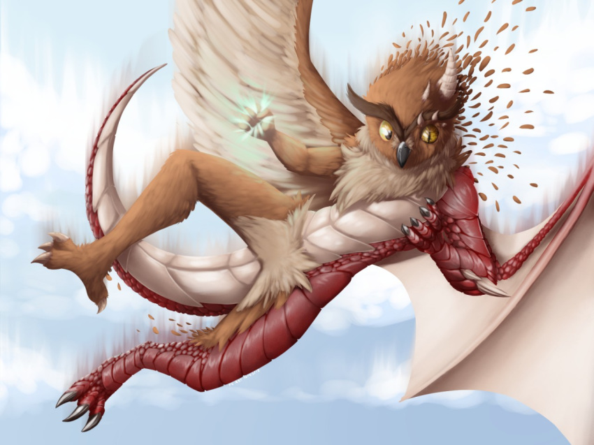ambiguous_gender anthro avian bird dragon feathered_wings feathers furrychrome great_horned_owl inzoreno magic owl scales scaley_wings simple_background solo transformation wings yellow_eyes