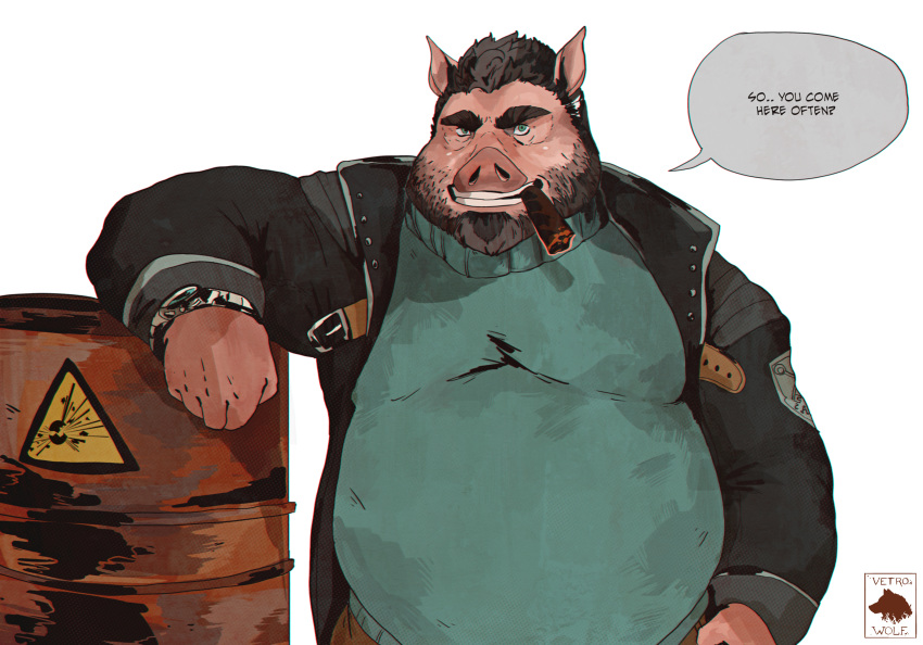 anthro barrel beard black_hair cigar clothing english_text facial_hair green_eyes hair jacket male mammal overweight overweight_male pig porcine shirt simple_background solo speech_bubble text vetrowolf watch white_background