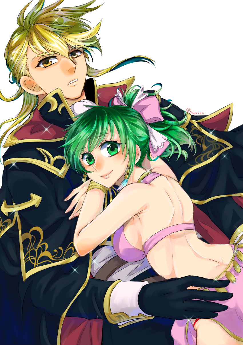 1girl absurdres aless_(fire_emblem) back black_cape black_capelet black_gloves blonde_hair bow bracelet breasts cape capelet choker collar collared_cape couple cravat earrings fire_emblem fire_emblem:_seisen_no_keifu gloves green_eyes green_hair hair_bow hetero highres jewelry large_breasts leen_(fire_emblem) lips long_hair looking_at_viewer parted_lips pink_bow ponytail shoulder_pads sideboob sidelocks smile sparkle taguchi_(igutiguti) yellow_eyes