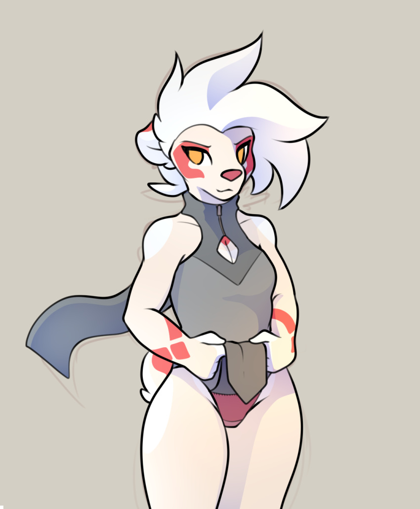 &diams; 4_fingers anthro arm_markings clothed clothing clothing_lift ear_markings eyebrows eyelashes facial_markings female front_view fully_clothed fur grey_background hair kae_esrial loincloth_lift looking_at_viewer mammal markings panties portrait qualzar red_markings red_nose scarf short_hair simple_background sketch smug solo standing suit_symbol tail_markings tarunah three-quarter_portrait underwear white_fur white_hair white_tail wide_hips yellow_eyes zipper