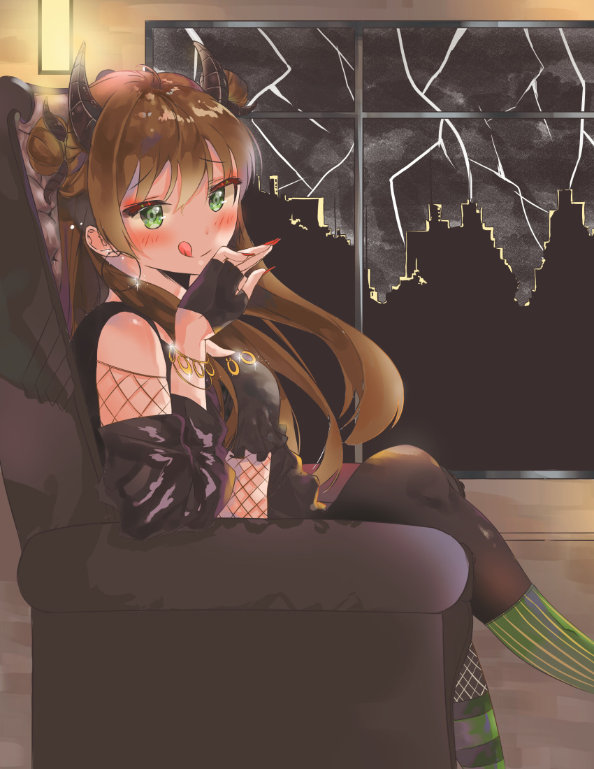 :q absurdres ahoge asymmetrical_legwear bangs bare_shoulders black_gloves blush bow bracelet breasts brown_hair cityscape commentary_request couch crop_top crossed_legs dark_sky double_bun earrings elbow_rest eyebrows_visible_through_hair fingerless_gloves fishnet_fabric from_side girls_frontline gloves green_eyes green_legwear hair_between_eyes hair_bow half_gloves hand_up highres hoop_earrings horns indoors jacket jewelry kneehighs lightning long_hair looking_at_viewer medium_breasts off_shoulder panda_0078 pantyhose rfb_(girls_frontline) sidelocks sitting smile solo sparkle striped striped_legwear tongue tongue_out