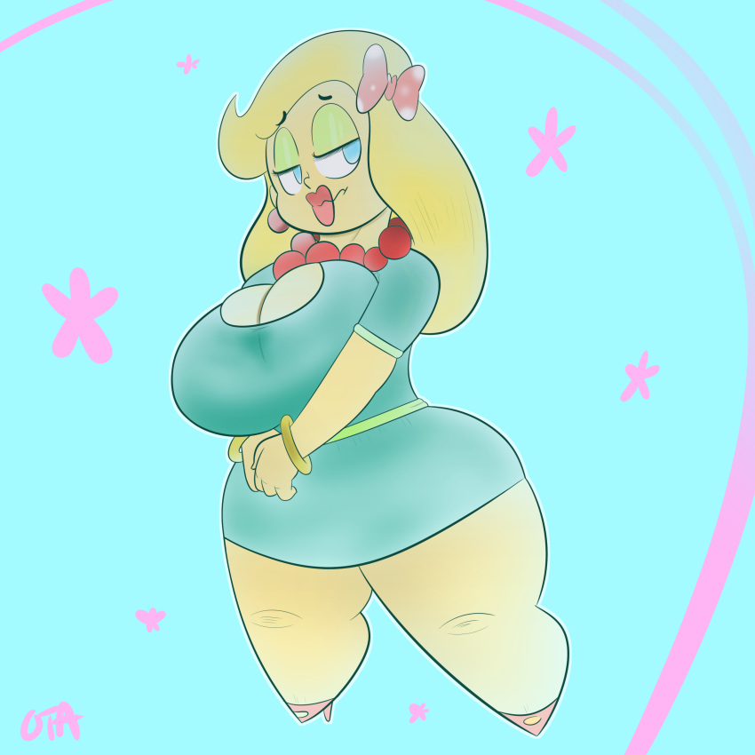 alternate_species big_breasts big_lips blonde_hair blue_background breasts cleavage clothed clothing female hair hair_bow hair_ribbon human humanized koopaling lips mammal mario_bros nintendo ota_(artist) ribbons shortstack simple_background video_games wendy_o_koopa