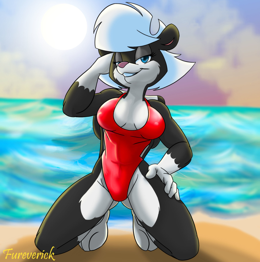 beach clothing female fureverick mammal sabrina sea seaside skunk solo sun swimsuit water