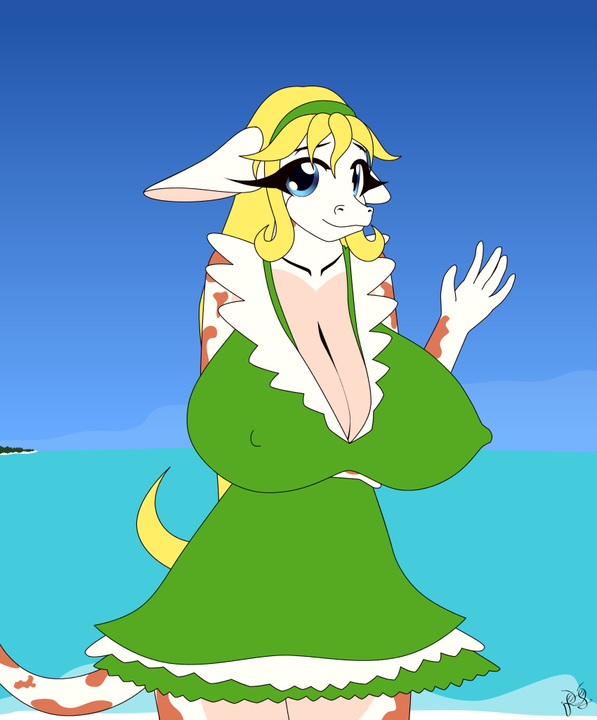 2017 beach big_breasts bovine breasts cattle cleavage clothed clothing female fibs huge_breasts invalid_tag lilina_truce looking_at_viewer mammal seaside solo vector