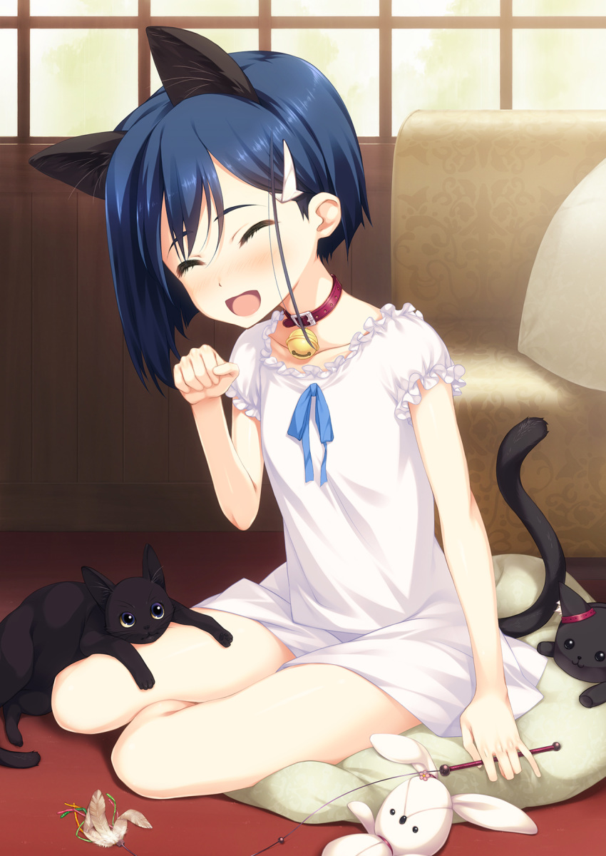 animal animal_ears bell bell_collar blue_hair breasts cat cat_ears cat_tail cat_teaser closed_eyes collar collarbone commentary_request couch darling_in_the_franxx dress enoob40 facing_viewer green_eyes hair_ornament hairclip highres ichigo_(darling_in_the_franxx) indoors open_mouth paw_pose pillow short_hair sitting sitting_on_pillow sleeveless sleeveless_dress small_breasts solo stuffed_animal stuffed_cat stuffed_toy tail v-shaped_eyebrows window