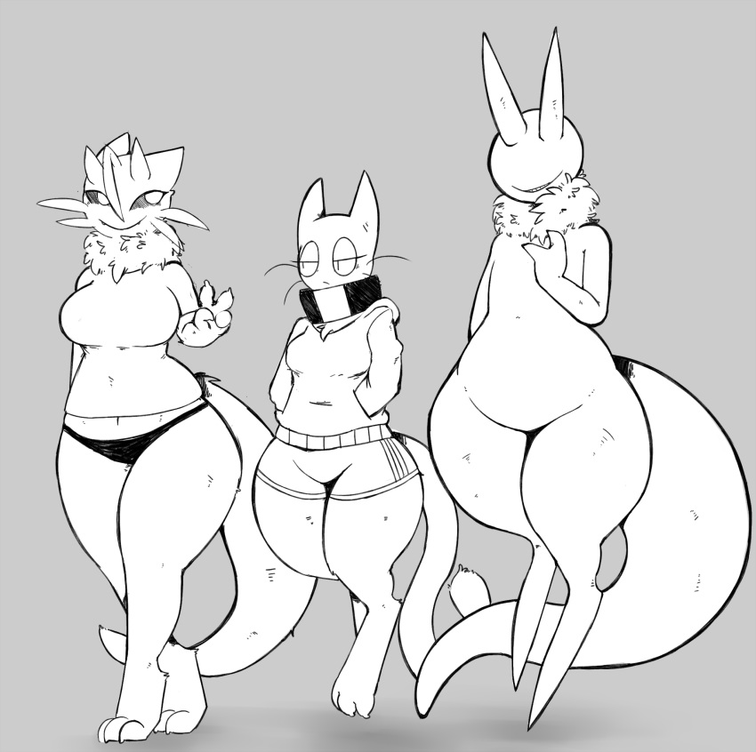 anthro belly cat clothing collar demon dubtitled eyeless feline female grey_background group hi_res hoodie horn mammal monochrome neck_tuft panties shorts simple_background slightly_chubby smile sweater thick_tail thick_thighs tuft underwear wide_hips