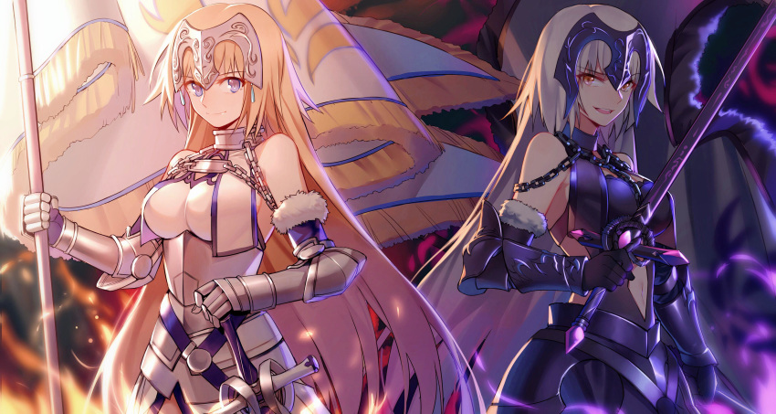 :d absurdres armor armored_dress bangs black_dress black_gloves blonde_hair breasts brown_eyes closed_mouth dress elbow_gloves eyebrows_visible_through_hair fate/apocrypha fate/grand_order fate_(series) flag fur-trimmed_gloves fur_trim gauntlets gloves hair_between_eyes hair_down headpiece highres holding holding_flag holding_sword holding_weapon jeanne_d'arc_(alter)_(fate) jeanne_d'arc_(fate) jeanne_d'arc_(fate)_(all) large_breasts long_hair multiple_girls open_mouth polar_opposites purple_eyes silver_hair smile standard_bearer sword upper_teeth very_long_hair weapon white_dress yorukun