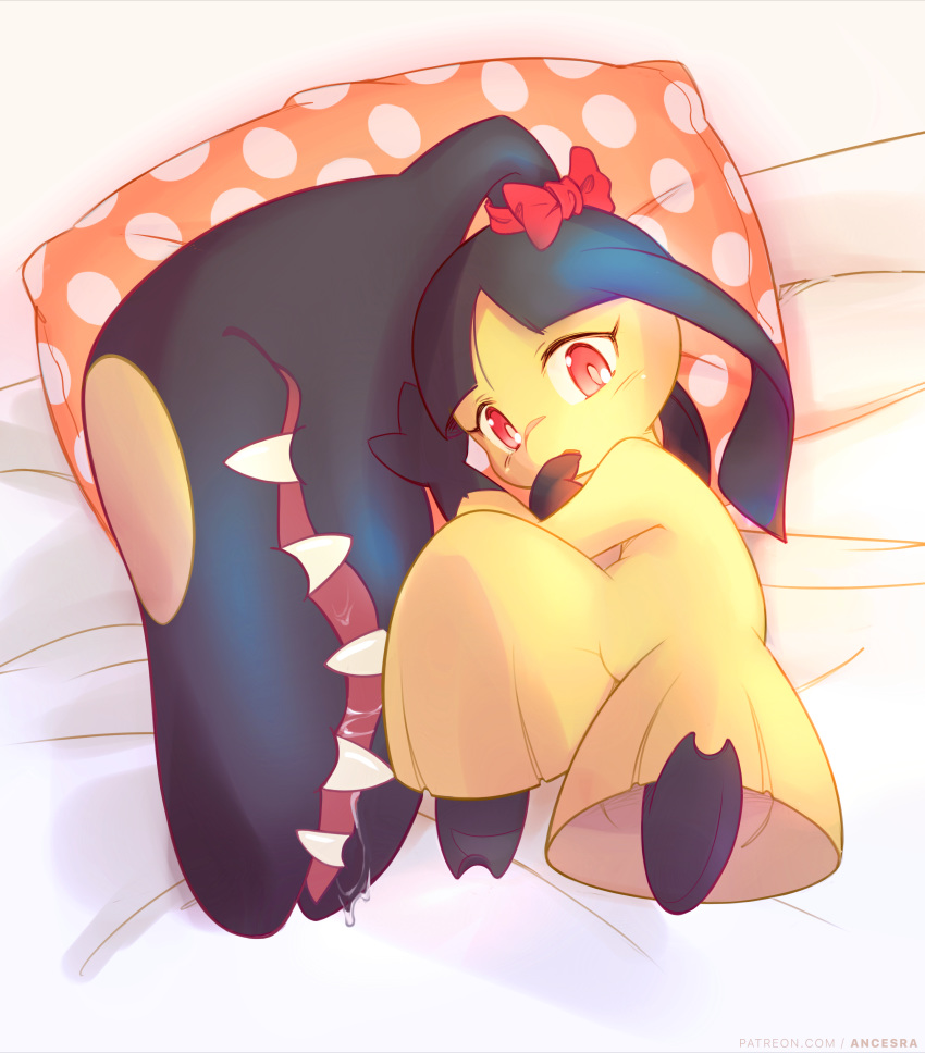 ancesra bed female hair_bow hair_ribbon hi_res humanoid mawile nintendo pok&eacute;mon pok&eacute;mon_(species) red_eyes ribbons simple_background solo video_games