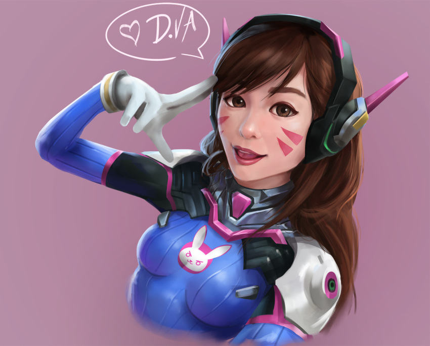 animal_print asian bangs blue_bodysuit bodysuit bracer breasts brown_eyes brown_hair bunny_print character_name d.va_(overwatch) facepaint facial_mark gloves headphones heart high_collar highres joshua_carrenca lavender_background long_hair looking_at_viewer nose open_mouth overwatch pilot_suit pink_lips realistic ribbed_bodysuit shoulder_pads simple_background skin_tight small_breasts smile solo speech_bubble spoken_heart swept_bangs upper_body whisker_markings white_gloves