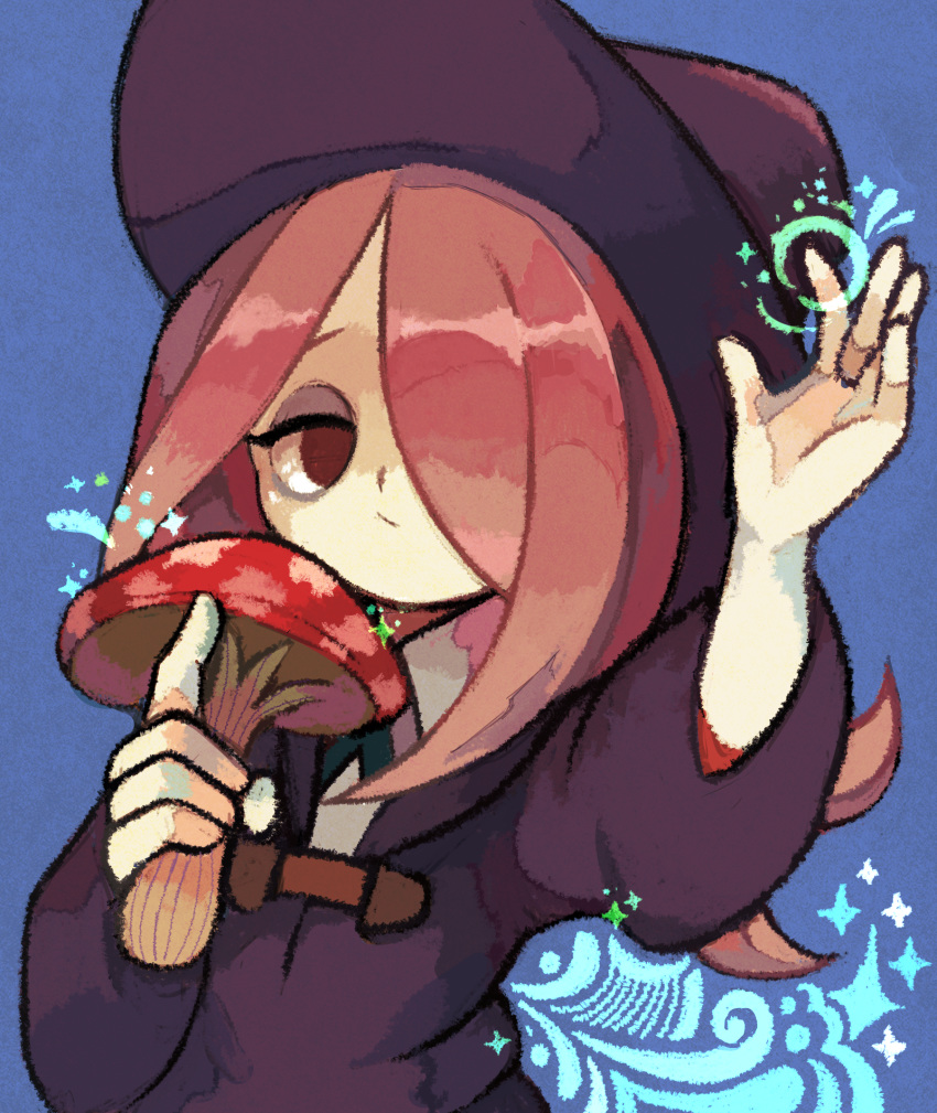 :/ bags_under_eyes blue_background closed_mouth dress hair_over_one_eye half-closed_eyes hand_up hat highres holding holding_mushroom index_finger_raised little_witch_academia long_hair long_sleeves mushroom pink_hair purple_dress purple_hat red_eyes solo sparkle sucy_manbavaran upper_body witch_hat yukino_super