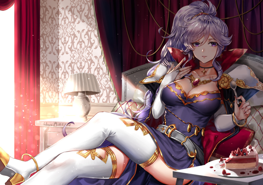 bed boots breasts cake cape choker cleavage collar commentary dappled_sunlight dress elbow_gloves fire_emblem fire_emblem:_seisen_no_keifu fire_emblem:_thracia_776 fire_emblem_heroes food gem gloves high_heels holding holding_spoon indoors ishtar_(fire_emblem) jewelry lamp large_breasts light_rays long_hair looking_at_viewer necklace nightstand on_bed pauldrons pillow ponytail purple_dress purple_eyes purple_hair side_ponytail sidelocks signature sitting solo spoon strawberry_shortcake sunbeam sunlight thigh_boots thighhighs utensil wani_(fadgrith)