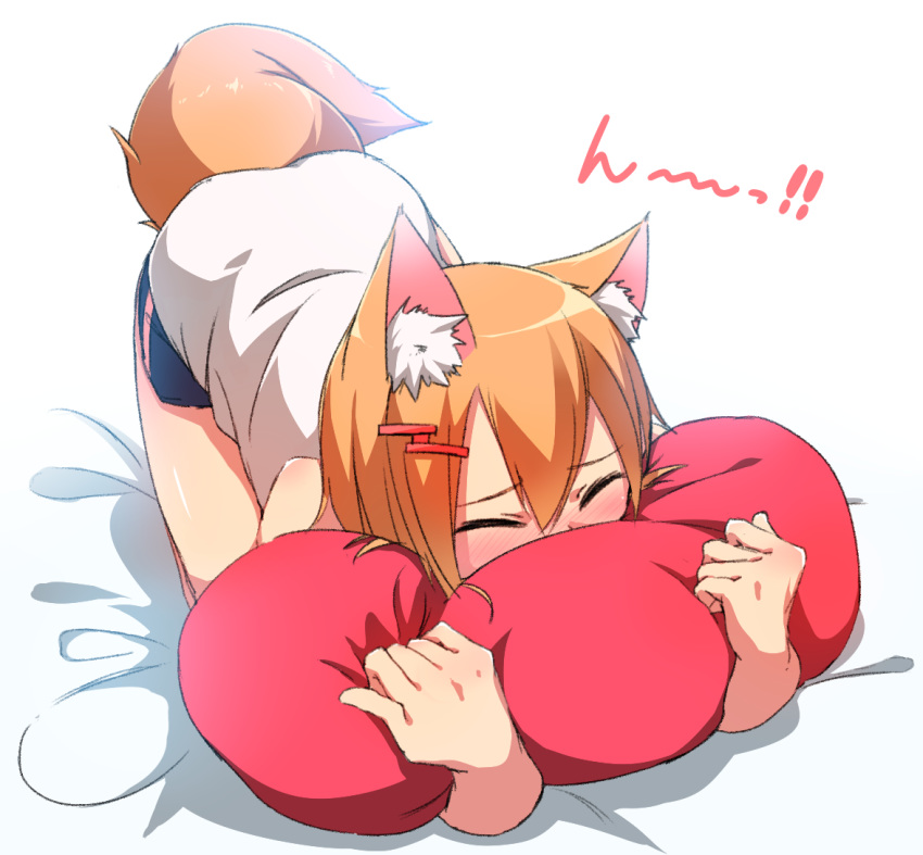 animal_ears bangs bare_shoulders bed_sheet black_shorts blush brown_hair closed_eyes commentary_request covered_mouth eyebrows_visible_through_hair facing_viewer fox_ears fox_girl fox_tail hair_between_eyes hair_ornament hairclip minowa_sukyaru nose_blush original pillow pillow_hug shirt short_shorts shorts sleeveless sleeveless_shirt solo tail white_background white_shirt