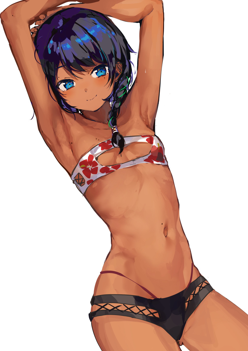 absurdres arched_back armpits arms_up ass_visible_through_thighs bangs bikini black_bikini_bottom black_hair blue_eyes blush braid breasts cleavage_cutout cowboy_shot dark_skin dutch_angle floral_print groin hair_ornament hair_tubes head_tilt highres konbu_wakame leaning_forward lingerie looking_to_the_side mole mole_on_breast mole_on_stomach mole_under_eye navel open_bikini open_clothes original panties panty_straps ponytail red_panties ribs short_hair short_hair_with_long_locks side-tie_bikini side_braid small_breasts smile solo strapless strapless_bikini sweat swept_bangs swimsuit underwear white_bikini_top