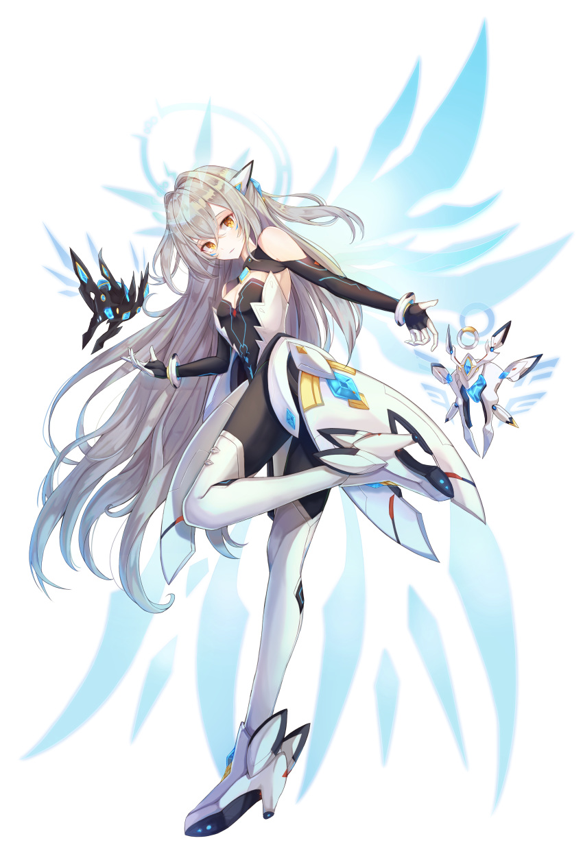 absurdres bangs boots breasts brown_eyes choker cleavage code:_sariel_(elsword) elsword eve_(elsword) floating_hair gloves hair_between_eyes high_heel_boots high_heels highres leg_up long_hair looking_at_viewer minyumim silver_hair simple_background small_breasts solo standing standing_on_one_leg strapless very_long_hair white_background