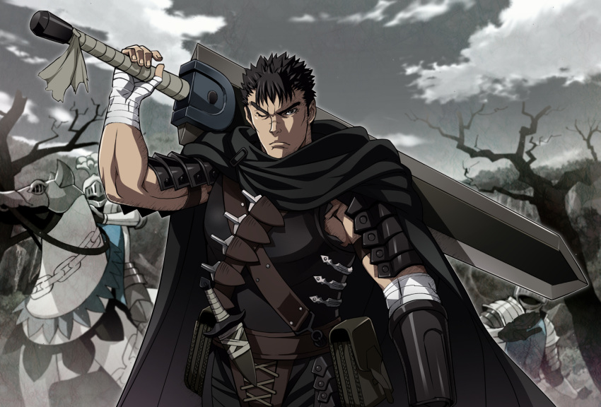 bandages berserk black_hair cloud day dragonslayer_(sword) grey_sky guts helmet holding holding_sword holding_weapon horse knife looking_at_viewer nyoro_(nyoronyoro000) one_eye_closed outdoors scar sheath sheathed solo_focus spiked_hair standing sword weapon