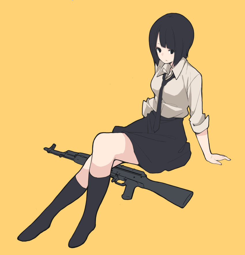 ak-47 akagawa007 assault_rifle bangs black_eyes black_hair black_legwear blunt_bangs gun highres necktie no_shoes original rifle school_uniform short_hair simple_background sitting sleeves_rolled_up solo weapon