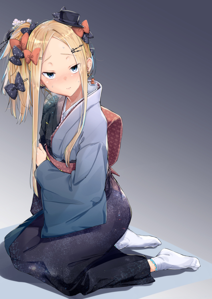 abigail_williams_(fate/grand_order) blonde_hair blue_eyes blush fate_(series) forehead highres japanese_clothes kimono long_hair sitting solo uno_ryoku