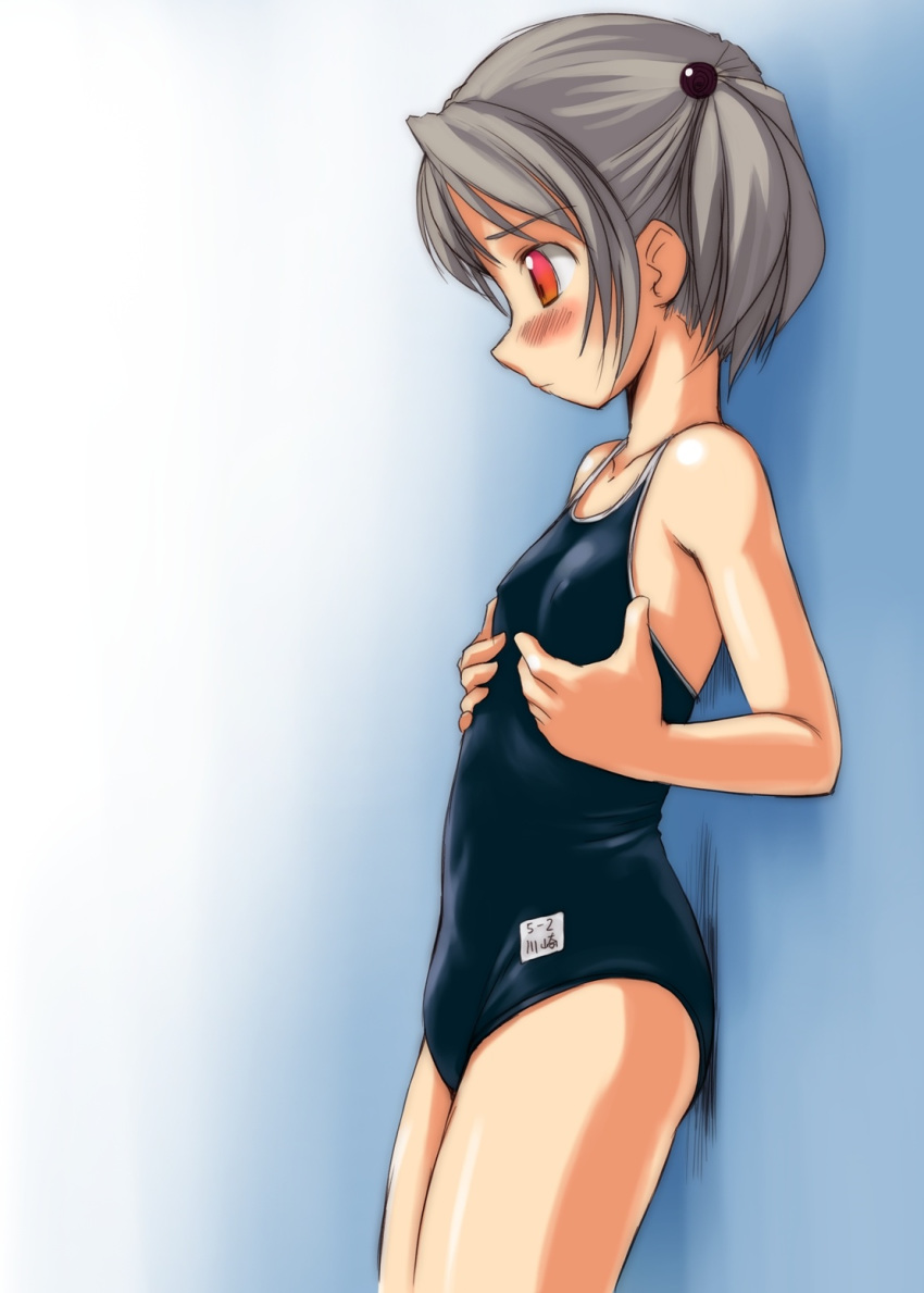 1girl artist_request blush character_request erect_nipples female flat_chest from_side grey_hair highres one-piece_swimsuit red_eyes school_swimsuit short_hair solo swimsuit