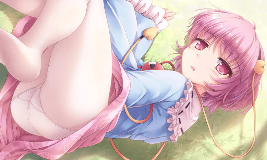 ass blue_shirt commentary_request eyeball eyebrows_visible_through_hair floral_print frilled_shirt_collar frilled_sleeves frills grass hairband heart highres komeiji_satori legs_up long_sleeves looking_at_viewer lying lzh no_shoes open_mouth panties panties_under_pantyhose pantyhose pink_eyes pink_hair pink_skirt print_skirt shirt short_hair skirt solo third_eye touhou underwear white_legwear wide_sleeves