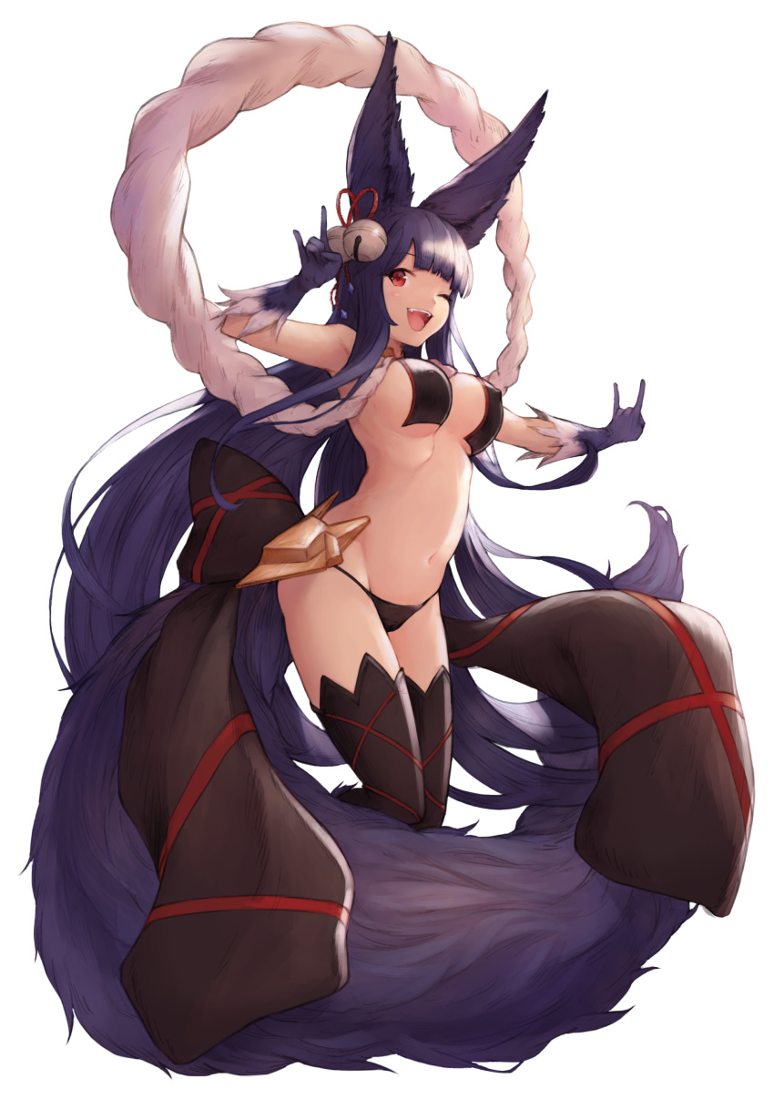 ;d absurdres animal_ears bangs bell black_legwear black_panties blue_hair blunt_bangs breasts covered_nipples erune eyebrows_visible_through_hair fang fox_shadow_puppet gloves granblue_fantasy hair_bell hair_ornament highres jingle_bell koretsuki_azuma large_breasts large_tail long_hair navel one_eye_closed open_mouth panties red_eyes sidelocks simple_background smile solo string_panties tail thighhighs underwear very_long_hair white_background yuel_(granblue_fantasy)