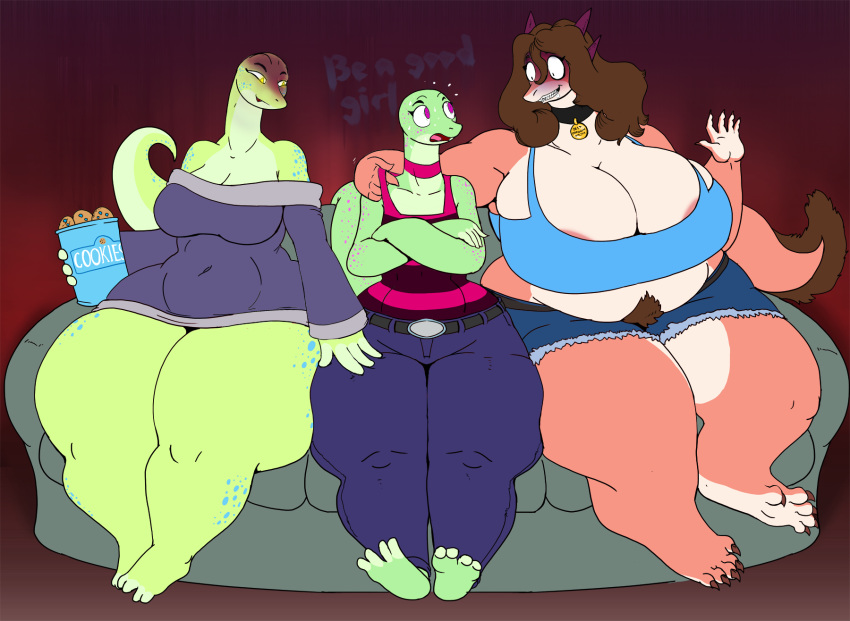 2018 4_fingers 4_toes 5_fingers 5_toes anthro areola arm_around_shoulders belly big_belly big_breasts big_thighs biped bliss_(sssonic2) breasts brown_hair choker cleavage clothed clothing collar cookie creepy_smile crossed_arms dialogue digital_media_(artwork) dragon drooling english_text female food green_scales group hair hand_on_thigh huge_breasts huge_hips jeans joy_(sssonic2) lizard miss_l navel nervous obese overweight overweight_female pants pink_scales pubes purple_eyes rape_face reptile saliva scales scalie shirt shorts simple_background sitting slightly_chubby sofa sweat tank_top teeth text thick_thighs toes vdisco voluptuous wide_hips yellow_eyes