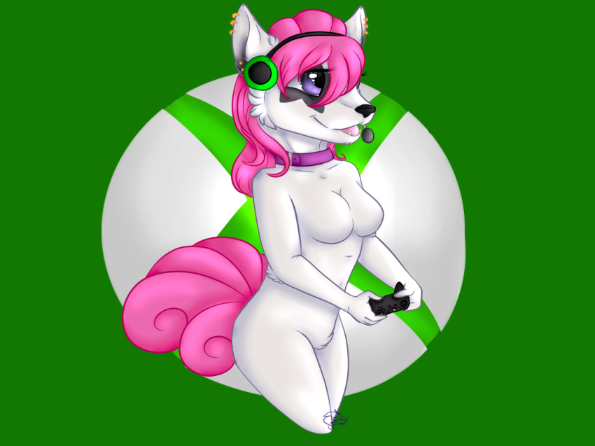 alternate_color breasts canine controller featureless_breasts female fox hair long_hair mammal microsoft nintendo piercing pok&eacute;mon pok&eacute;mon_(species) pok&eacute;morph solo tattoo video_games vulpix xbox zoey_v_(character)