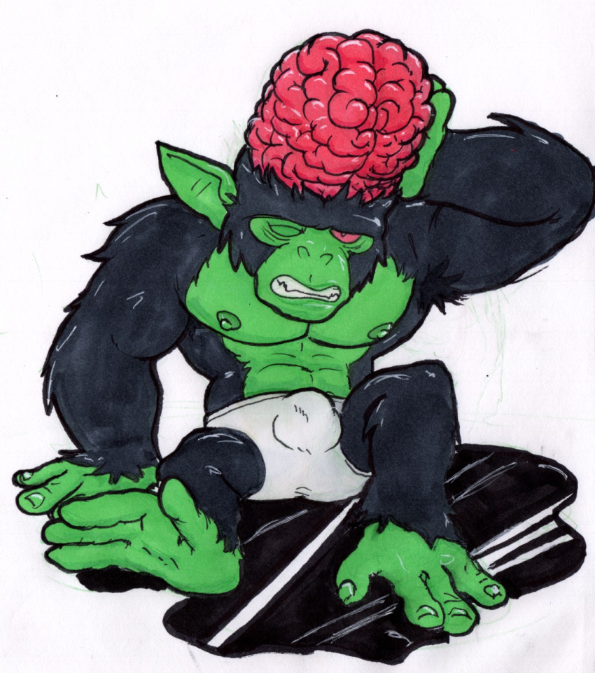 2018 4_fingers animal_humanoid anthro ape azul_(artist) balls bulge cartoon_network clothing humanoid male mammal mojo_jojo monkey muscular muscular_male nipples primate solo toes underwear