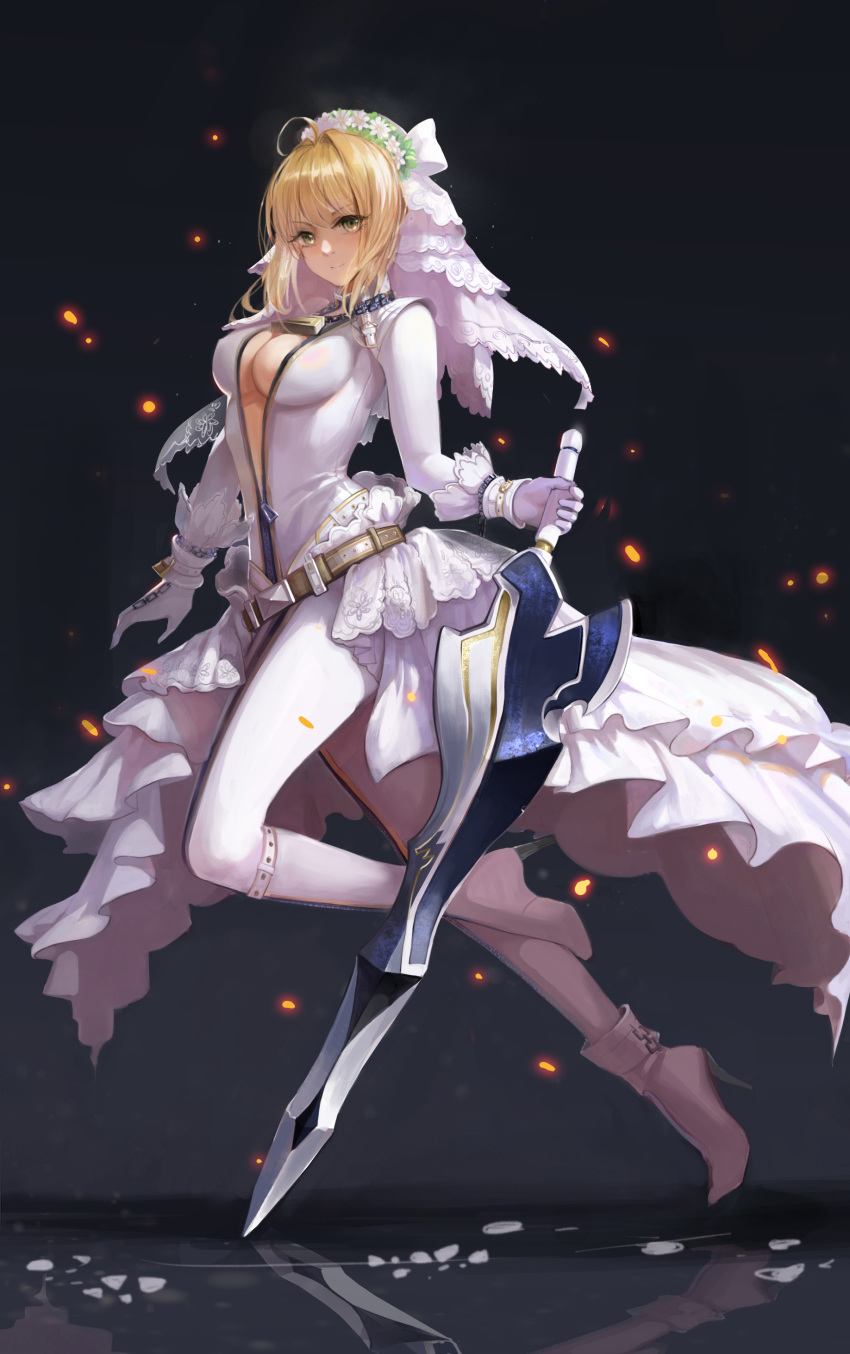 absurdres aestus_estus ahoge bangs belt blonde_hair bodysuit boots breasts bridal_veil chain cleavage covered_nipples eyebrows_visible_through_hair fate/extra fate/extra_ccc fate/grand_order fate_(series) flower from_side full_body gloves green_eyes hair_intakes high_heel_boots high_heels highres holding holding_sword holding_weapon kirbyheimi lock looking_at_viewer medium_breasts nero_claudius_(bride)_(fate) nero_claudius_(fate)_(all) partially_unzipped reflection short_hair smile solo sword veil weapon white_bodysuit white_footwear white_gloves wreath wrist_cuffs zipper