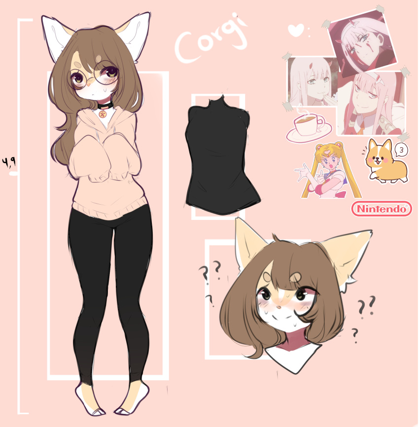 blush canine clothing collar confusion corgi darling_in_the_franxx dog eyewear female fredek666 glasses hoodie looking_at_viewer mammal model_sheet multiple_poses nintendo pose sailor_moon_(series) solo video_games yoga_pants