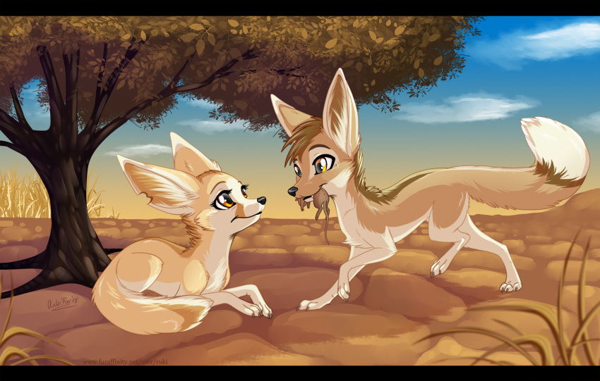2018 amber_eyes blush canine claws cloud desert female fennec feral fox male mammal mouse paws prey rodent rukifox sand sky smile tree