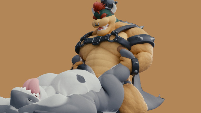 3d_(artwork) anal anal_penetration anthro anvil_position armband belly biceps bowser bracelet crown digital_media_(artwork) dukesmith3d erection facial_piercing fin fish glans hair horn humanoid_penis jewelry kneeling koopa leather legs_up looking_pleasured lying male male/male marine mario_bros musclegut muscular muscular_male nintendo nipples nose_piercing nude on_back open_mouth pecs penetration penis piercing red_eyes red_hair scalie septum_piercing sex shark sharp_teeth simple_background slightly_chubby smile spiked_armband spiked_bracelet spikes teeth tongue tongue_out video_games