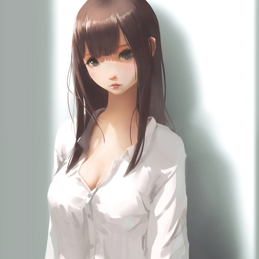 against_wall bangs breasts brown_hair cleavage commentary eyelashes grey_eyes large_breasts lips looking_at_viewer original shirt solo unbuttoned unbuttoned_shirt vafar7