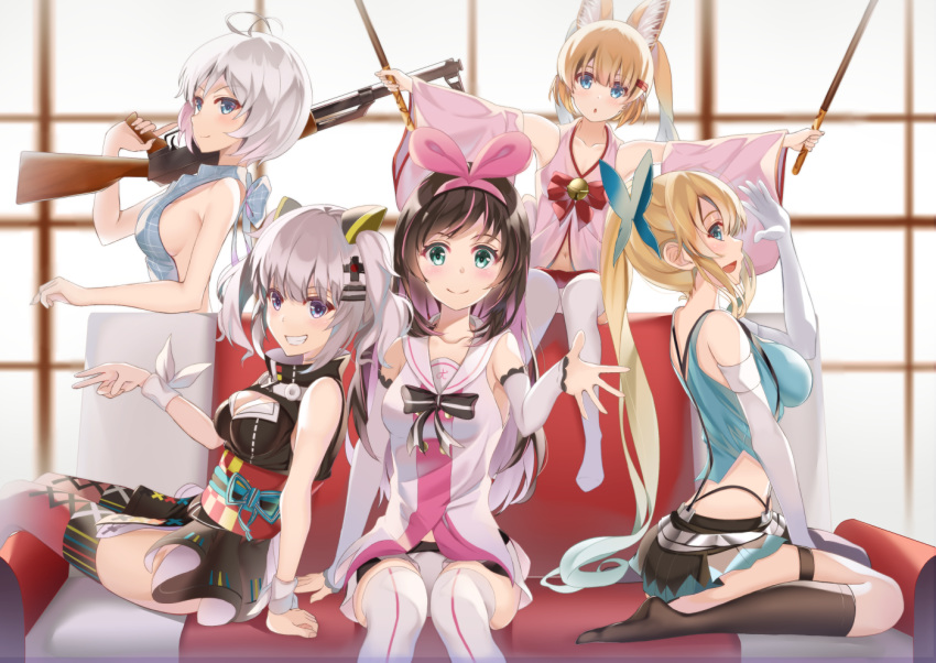 a.i._channel ak-47 akausuko animal_ears assault_rifle black_hair black_legwear blonde_hair blue_eyes breasts dennou_shoujo_youtuber_shiro detached_sleeves elbow_gloves gloves green_eyes grey_hair gun hair_ornament hairclip kaguya_luna kaguya_luna_(character) kemomimi_oukoku_kokuei_housou kizuna_ai large_breasts mikoko_(kemomimi_oukoku_kokuei_housou) mirai_akari mirai_akari_project multiple_girls pleated_skirt ponytail rifle shiro_(dennou_shoujo_youtuber_shiro) sideboob sitting skirt smile thighhighs twintails virtual_youtuber weapon white_legwear wrist_cuffs